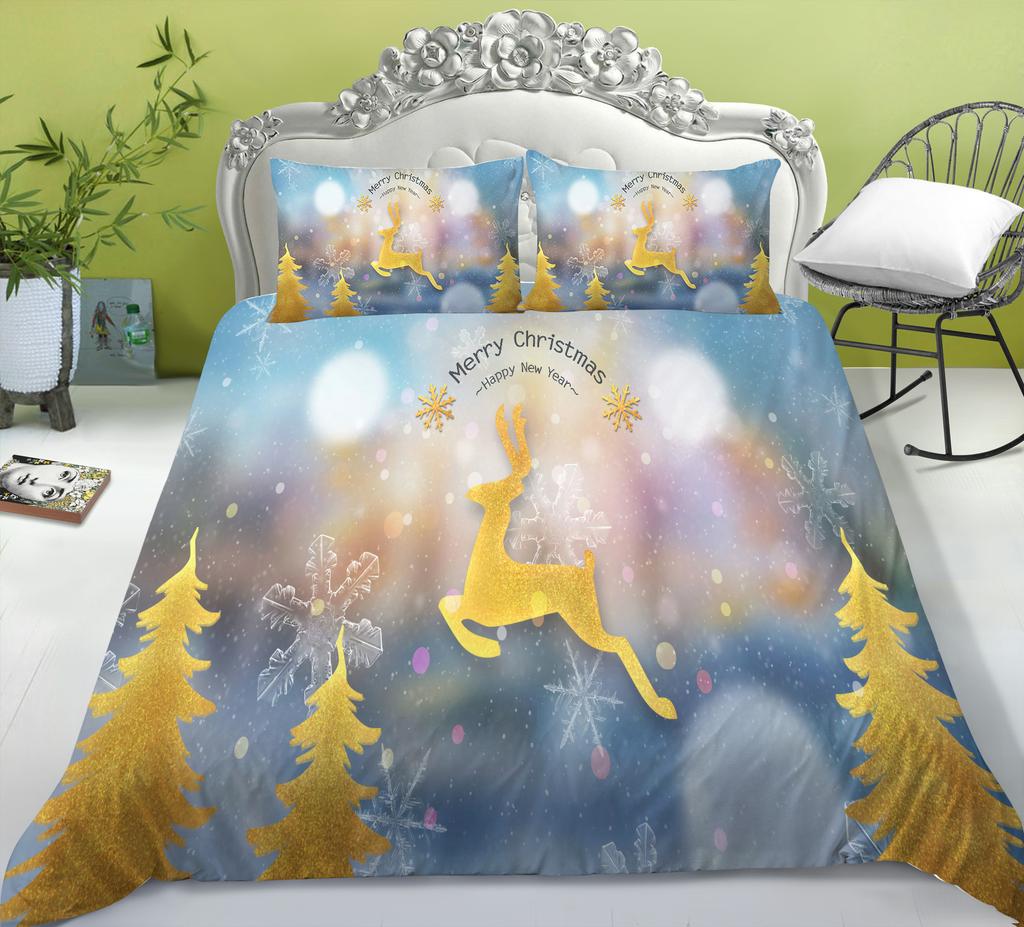 Christmas Quilt Cover Pillowcase Three-Piece Children'S Holiday Gift Cartoon Digital Printing Polyester