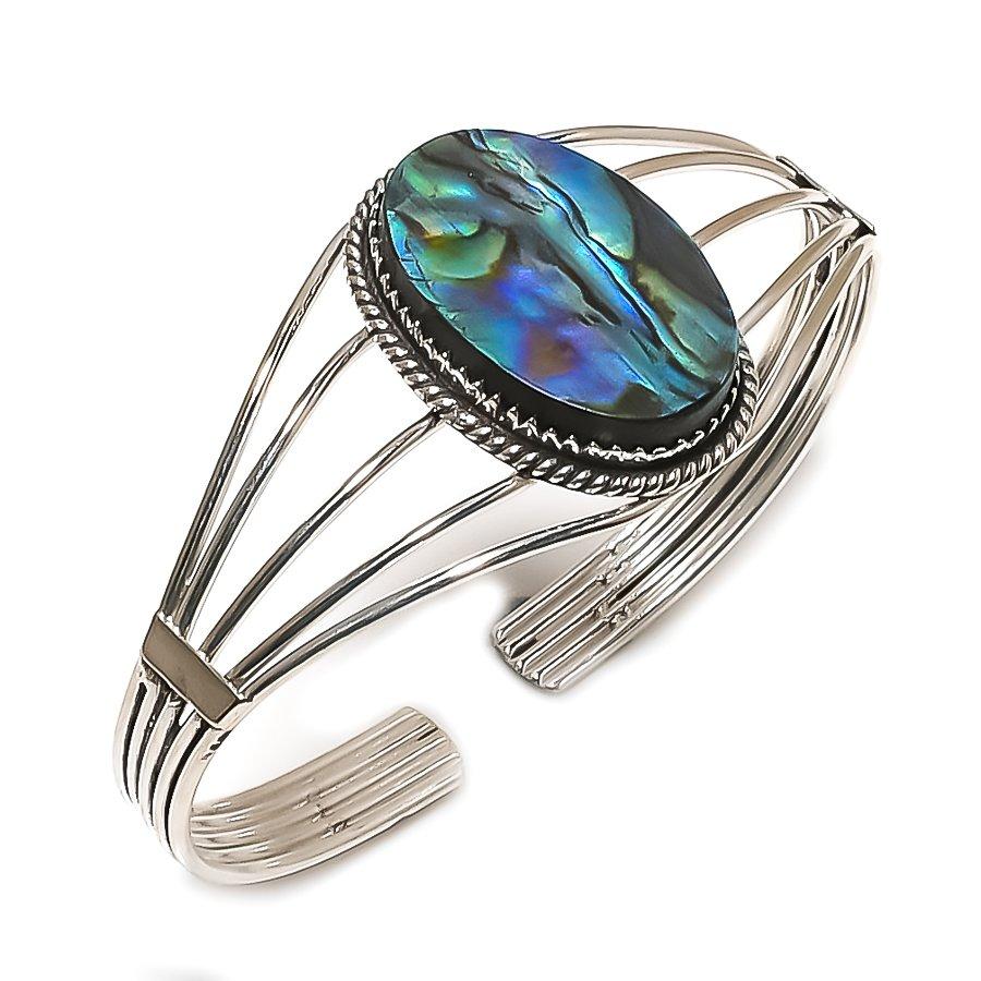 Natural Abalone Shell Gemstone 925 Sterling Silver Cuff Bangle Adjustable ETC-13922