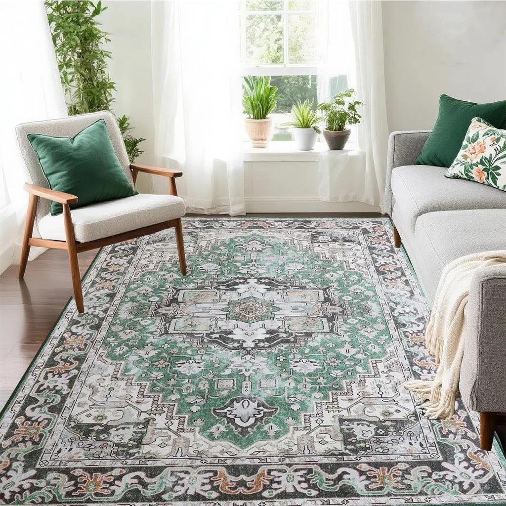 Washable Vintage Area Rugs  Low Pile Carpet, Non-Slip Distressed Rug for Bedroomn Living Room, Dining Room, Non-Slip, Low Pi