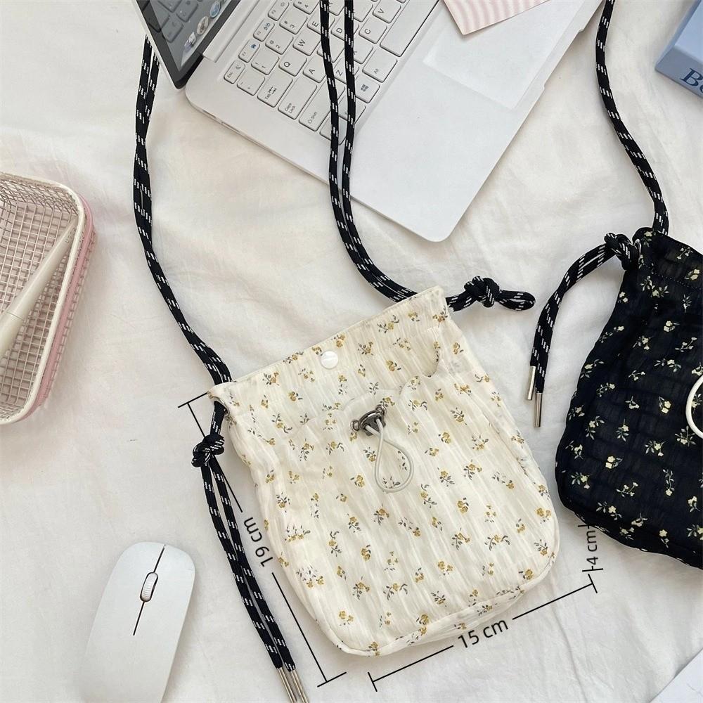 Minimalist Style Drawstring Canvas Crossbody Bag Small Lightweight Shoulder Bag Floral Print Coin Purse Women Girl
