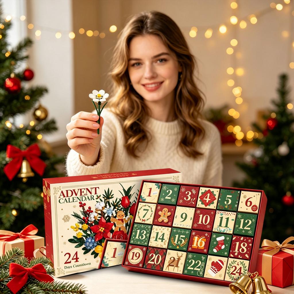 Christmas Countdown Advent Calendar with Preserved Flower Building for Holiday