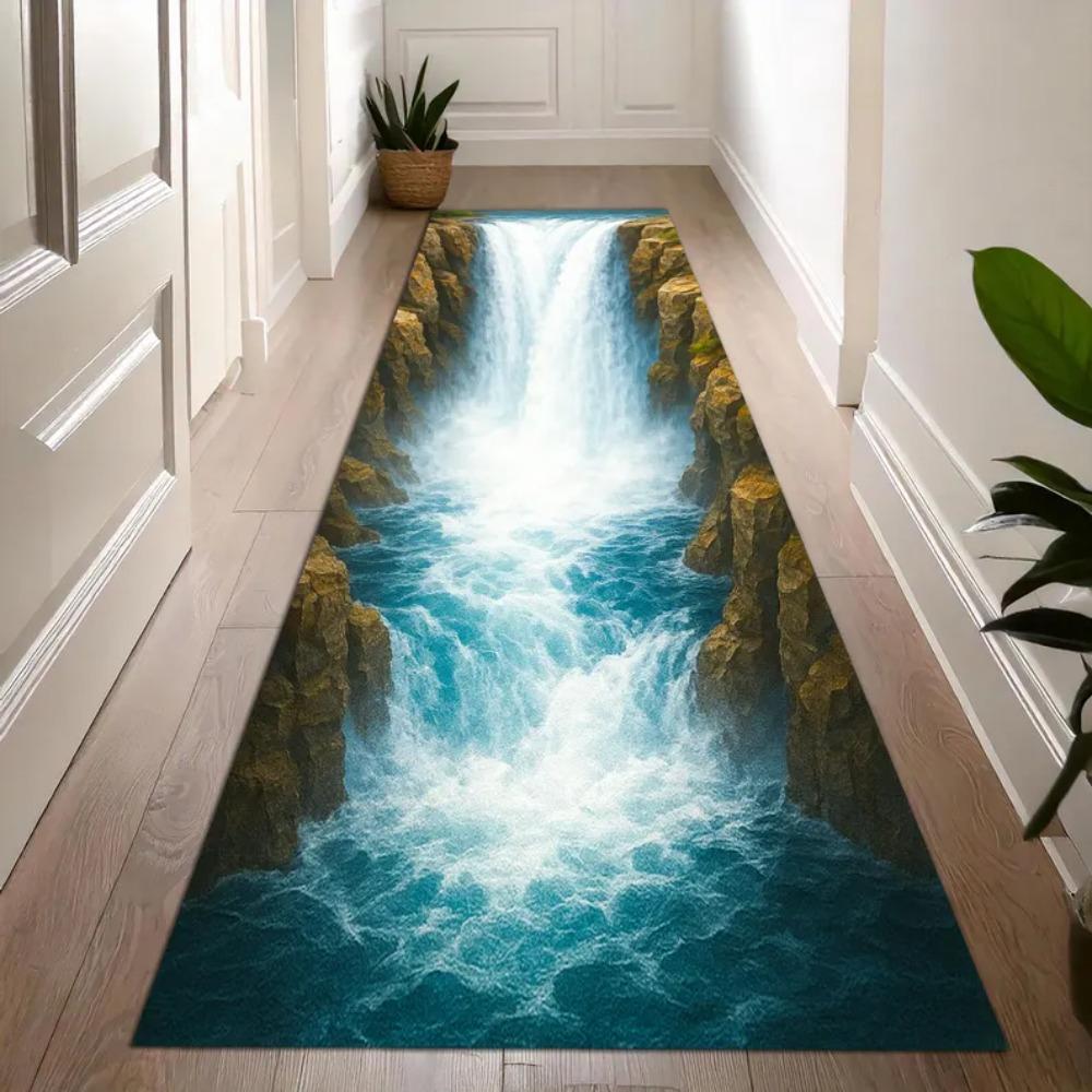 3D Wasserfluss Teppichmatte Rutschfester Teppich Heimdekoration Leuchtender Strom Blaue Illusion Muster Bodenmatte für Flur Wohnzimmer