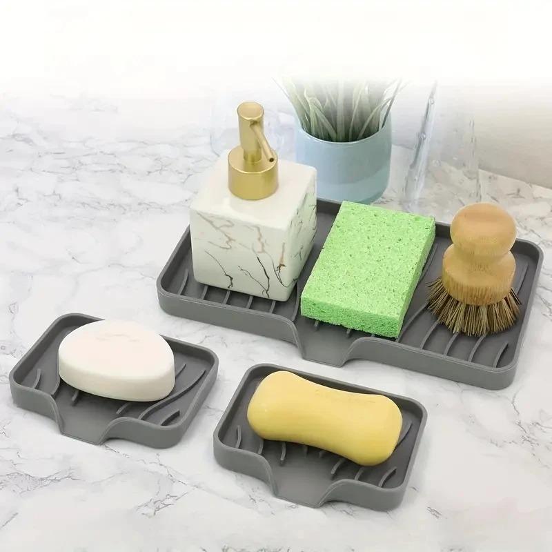 Sink Silicone Tray with Drain Soap Sponge Storage Holder Countertop Sink Scrubber Brush Soap Storage Rack Kitchen Organizer