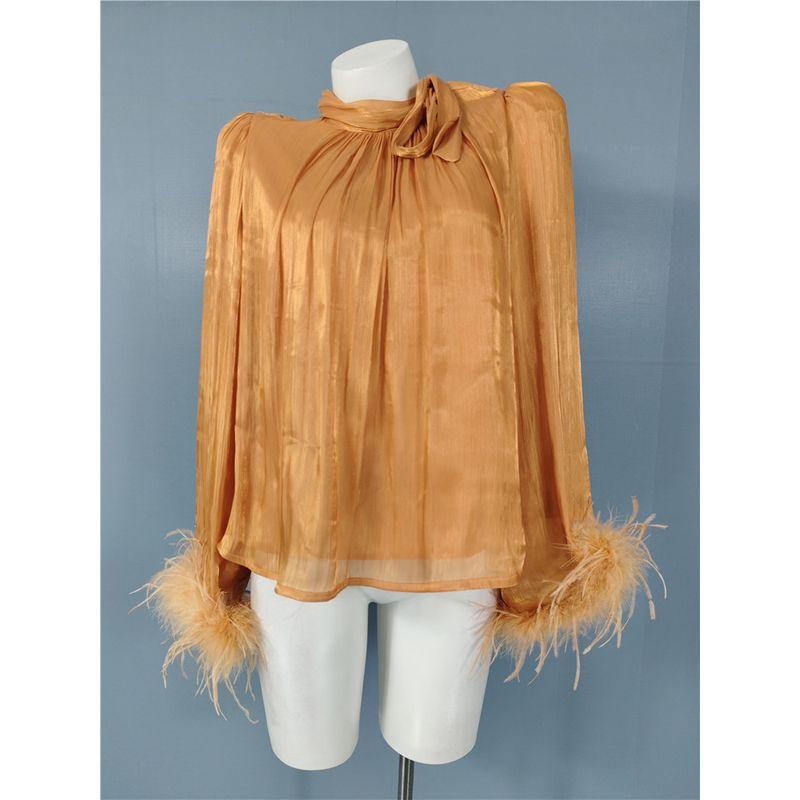 

Зарубежный торговый заказ в Home Bright Silk Блестящая бретелька-бант Свободная и удобная С длинным рукавом Перьевая пэчворк Аура Рубашки Топ Orange L