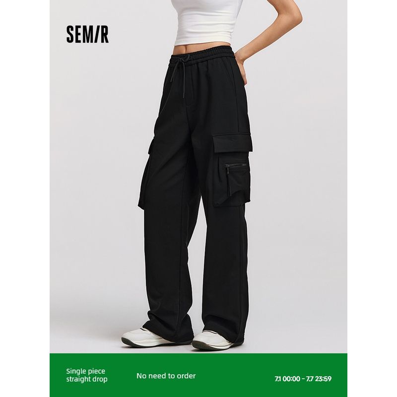 

[Same Style with Mall] Senma Casual Pants Women s Fleece Wide-Leg Pants Black 2024 New Winter Street Cargo Pants Lazy Black 90001 160/66A/M