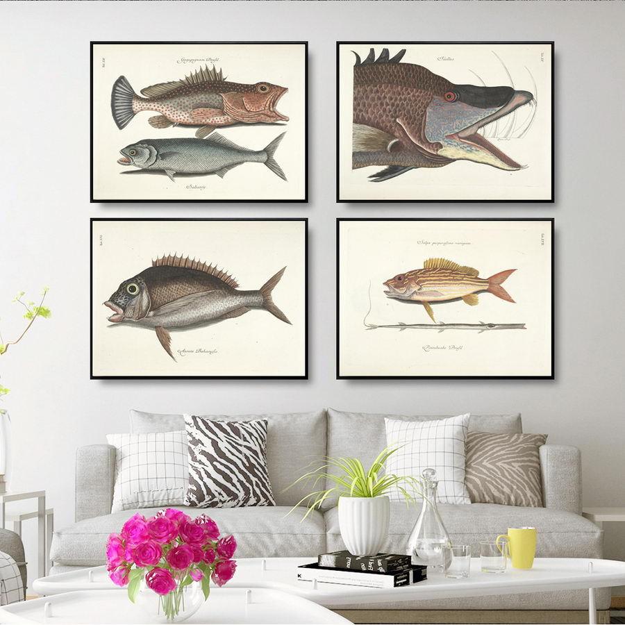 Decorative Painting Retro Fish Restaurant Hotel Paintings Animal Print Wall Pictures for Living Room Flatfish Wall Art Canvas