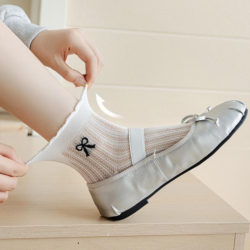 Summer Thin Mid-calf Socks for Women, Mesh Perforated Breathable Short Socks, Ballet-style Cream Color Socks