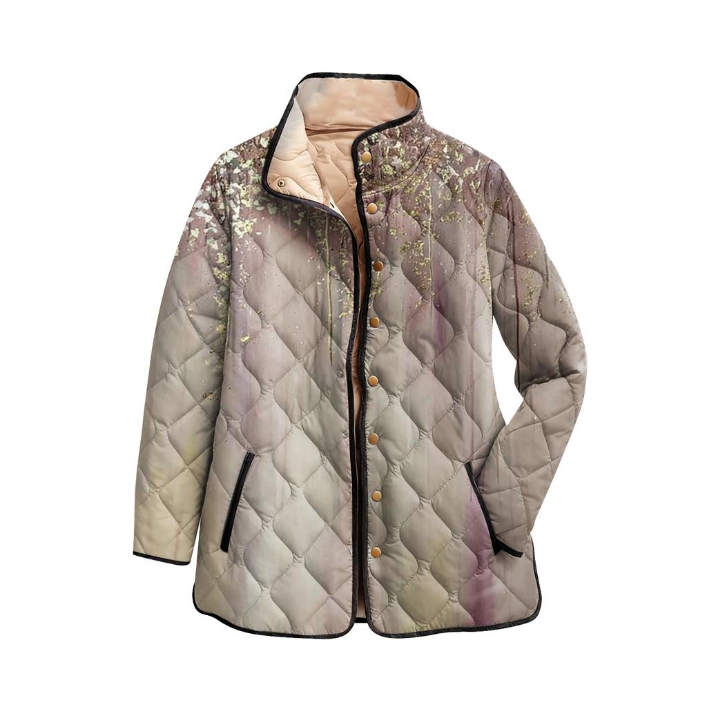 Women's Floral Print Stand Up Collar Pleated Cotton Long Sleeved Button Cotton Jacket