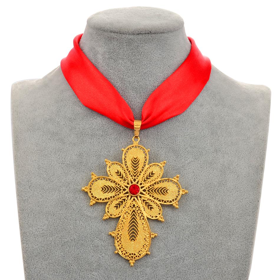 Anniyo Ethiopian Wedding Party Cross Pendant DIY Rope Chain for Women Girls,Gold Color Eritrea Jewelry African Crosses