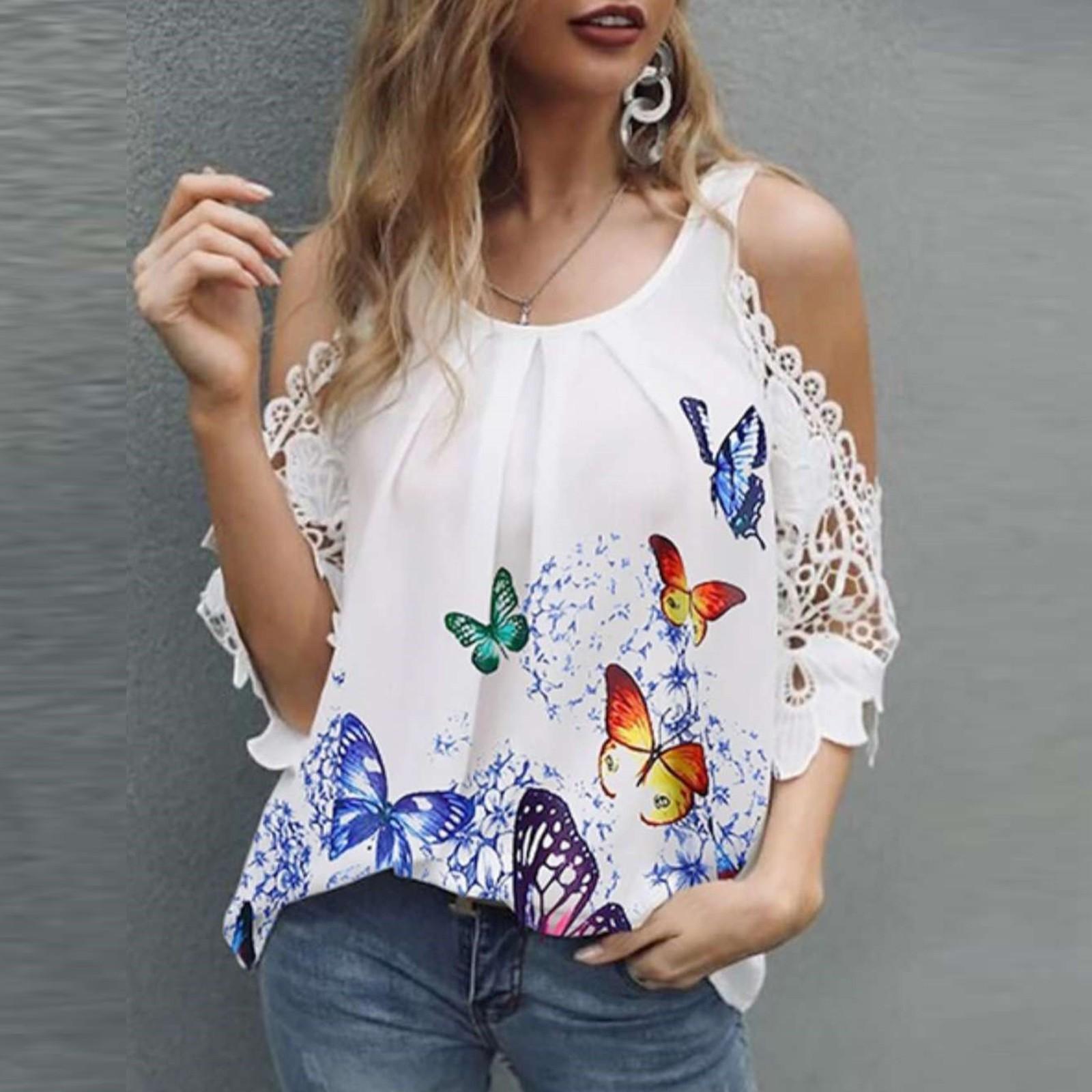 

Женская повседневная кружевная футболка с принтом бабочки и полым рукавом, верхняя блузка XXXXL белый