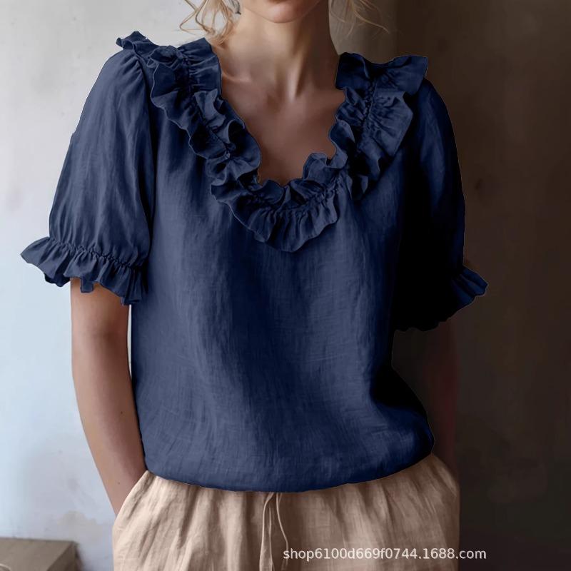 Women's Summer Solid Color Short Sleeve Shirt, Vintage Pullover Blouse