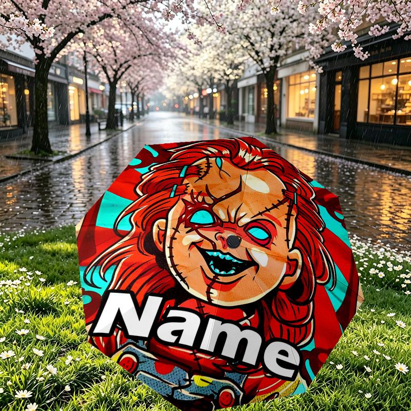 Custom Name Personalized Horror Movie Print Umbrella, Auto Open Close, 8‑Rib Sturdy Frame, Commute Camping Hiking Use, Birthday Gift
