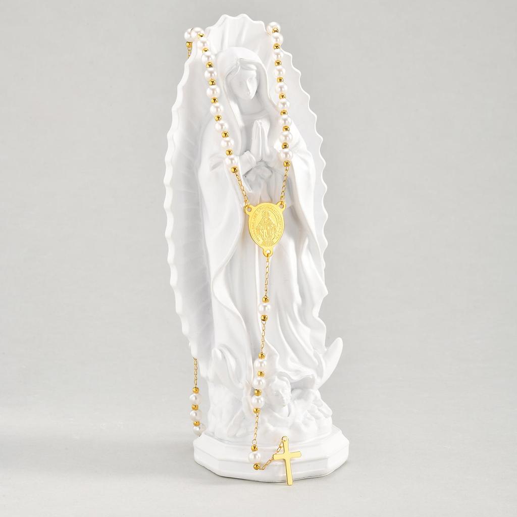 Holy Cross Rosary Virgin Necklaces Y-shaped, Women's Imitation Pearl Beaded Saint Benedict Necklace,Stainless Steel Jewelry Gift