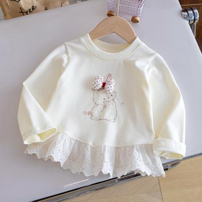 Girls Cartoon Long Sleeve T-shirt Spring Autumn Fashion Cartoon Rabbit Printed Pullover Baby Girls Sweet Lace Hem Top
