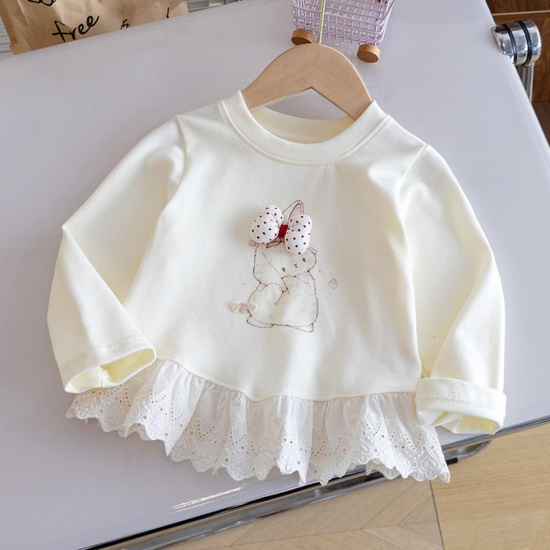 Girls Cartoon Long Sleeve T-shirt Spring Autumn Fashion Cartoon Rabbit Printed Pullover Baby Girls Sweet Lace Hem Top
