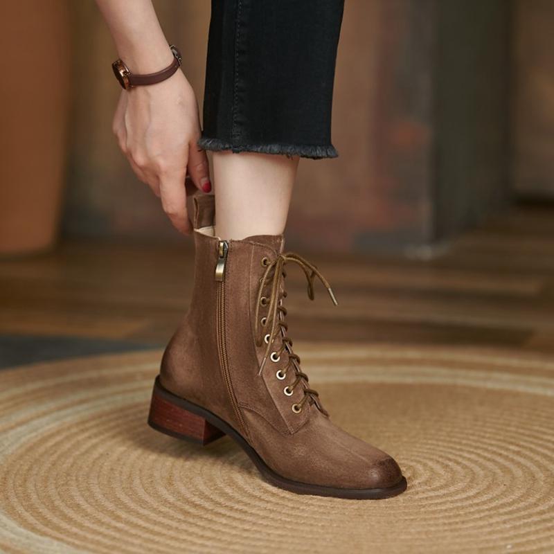 Fashion HOT SALES Fall Shoes Zipper Genuine Leather Boots Women Retro Lace Ankle Boots for Women Plus Size 42 Fashion Winter Boots Women