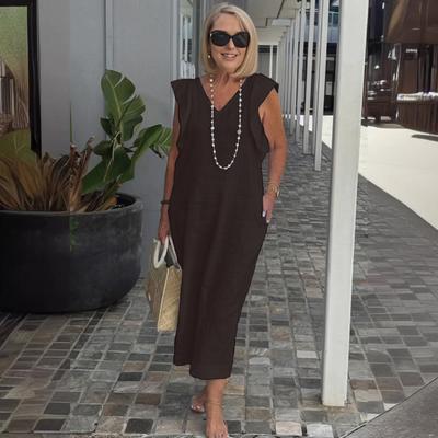 Summer Women Dress V Neck Loose Solid Color Flying Sleeves Bohemian Mid-calf Length Soft Breathable Beach Vacation Midi Dress