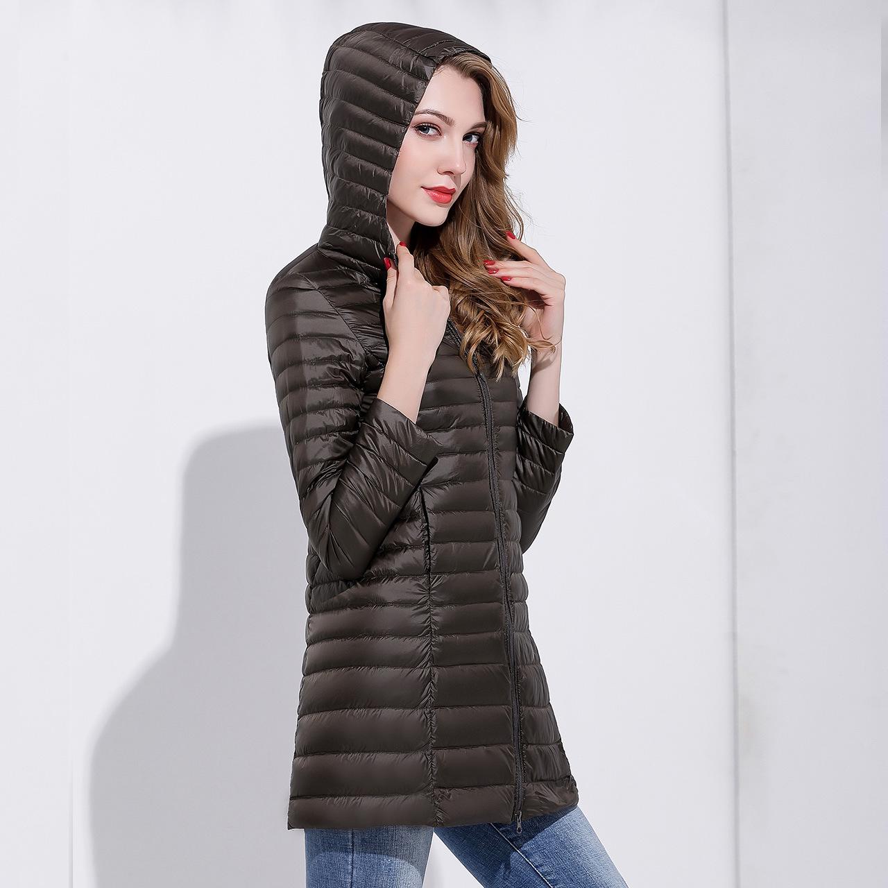 

Тонкий пуховик для женщин, средней и длинной длины, осенне-зимний корейский модный приталенный женский пуховик больших размеров с капюшоном 4XL