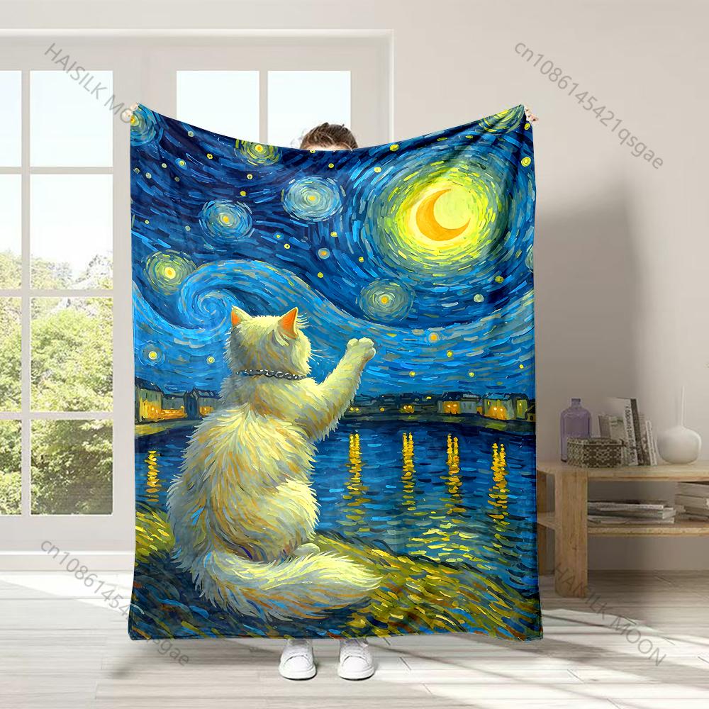 

1PC Cat and Starry Night Print Adult Children Warm Blankets Home Travel Car Soft and Comfortable Suitable for all seasons 75x100cm