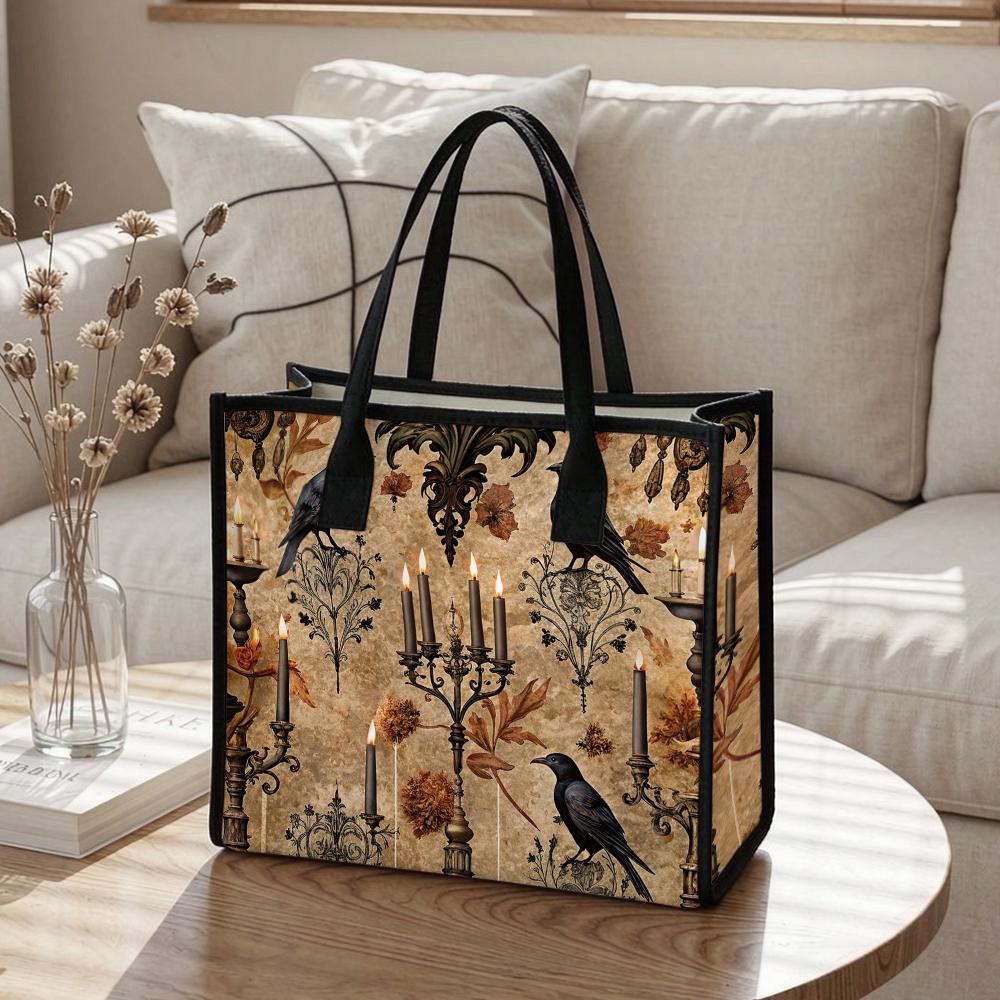 Gothic Raven Candle Print Tote Bag Dark Vintage Style Casual Large Capacity Daily Handbag