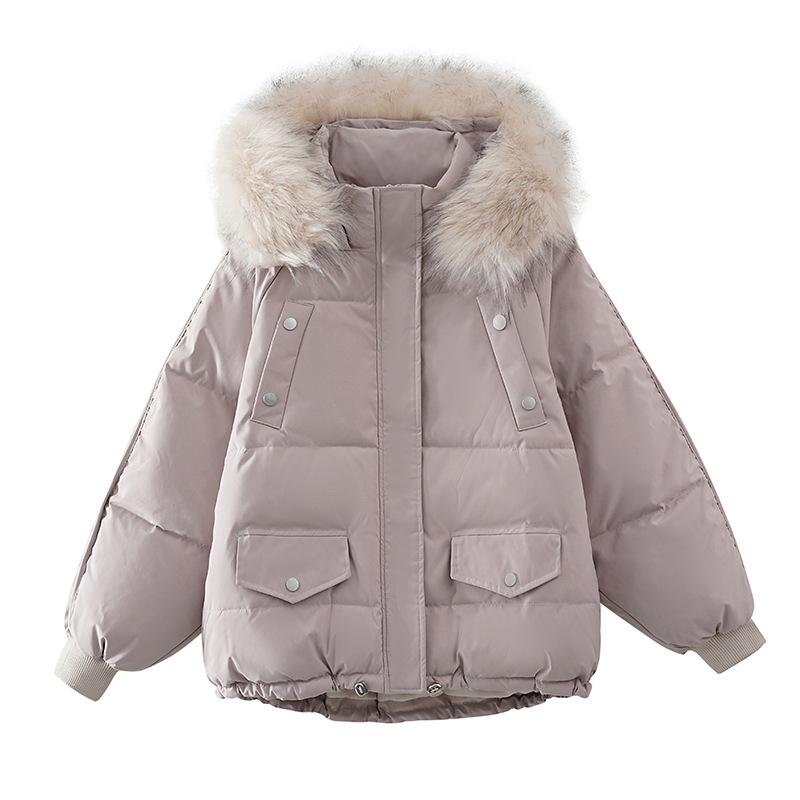 Down Cotton-padded Jacket Female Winter Loose Students Short Big Fur Collar Bread Coat Casual Joker.