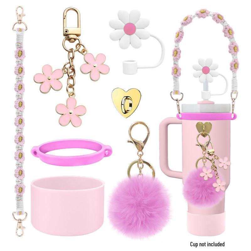 

Silicone Thermos Cup Sleeve with Lanyard, Flower Chain, Heart Pendant, and Crossbody Rope Set