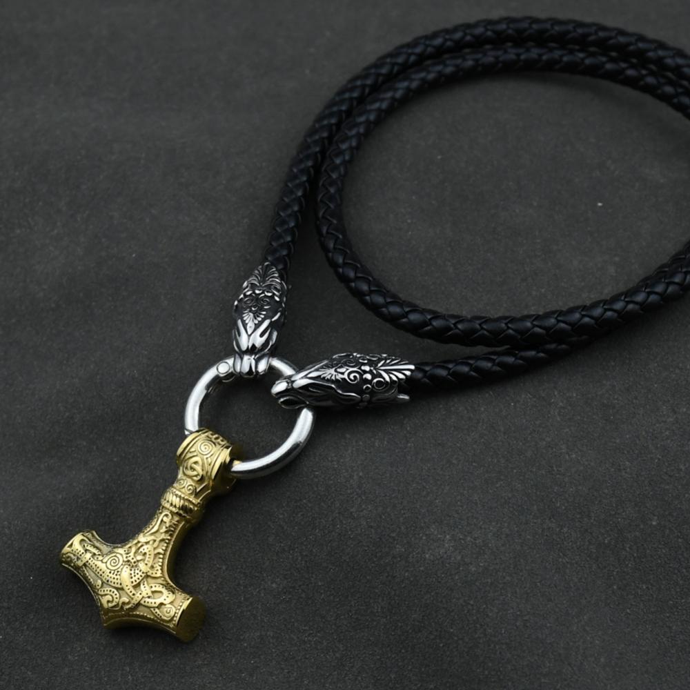 Men stainless steel Wolf head Norse Viking amulet Thor hammer pendant necklace with leather chain