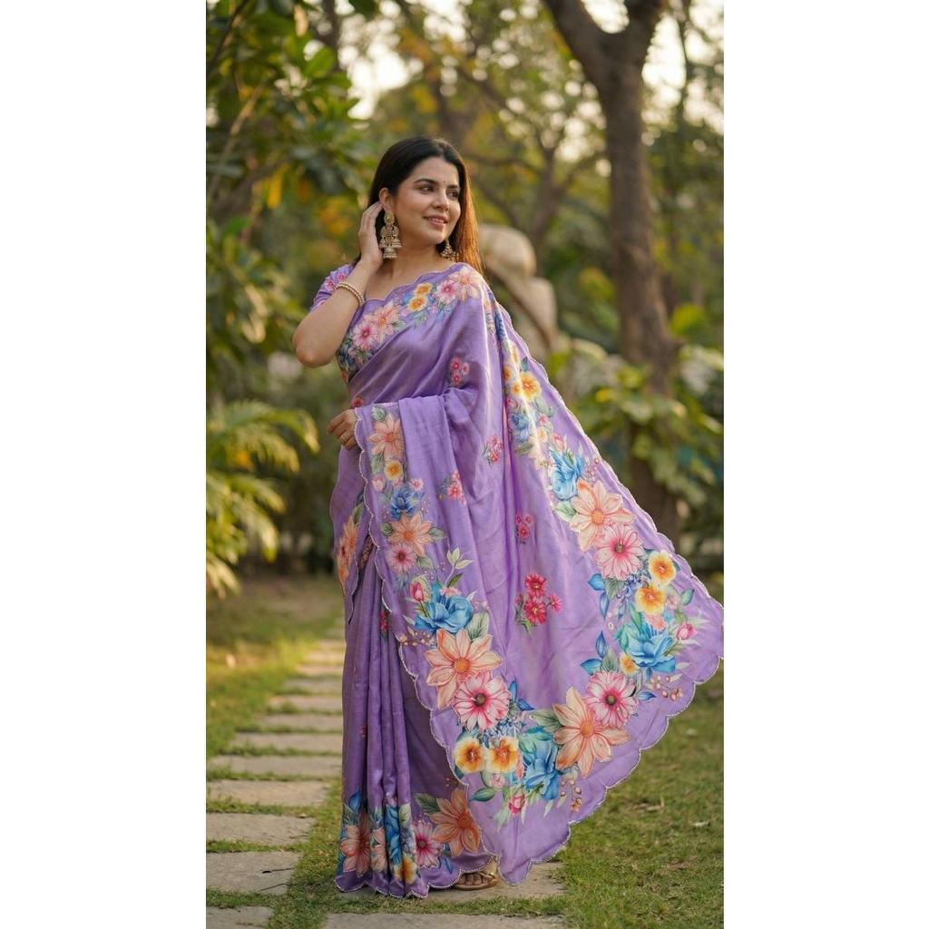 Soft Chinon silk saree floral digital print with beautiful handwork and hand work with cut-work  border