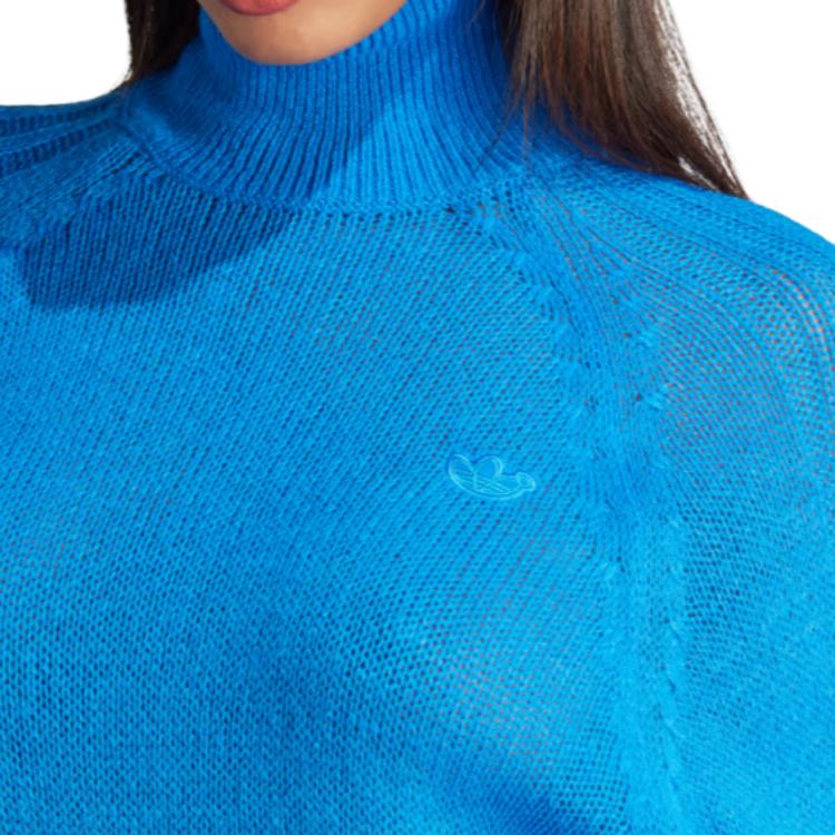 Adidas Blue Version Knit Sweater Solid Color Loose High Neck Pullover Long Sleeve Women sweater IL8535