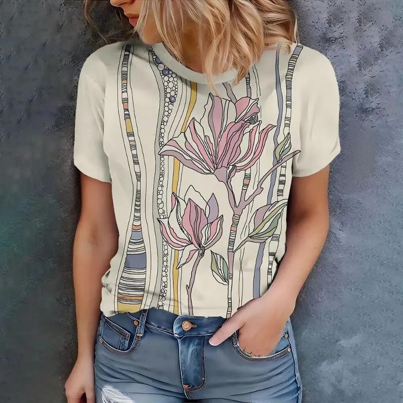 Flower Short Sleeve 3D Flower Color Printing Fashion Women's Crew Neck Short Sleeve Crew Neck T-Shirt Senior Women's Clothing