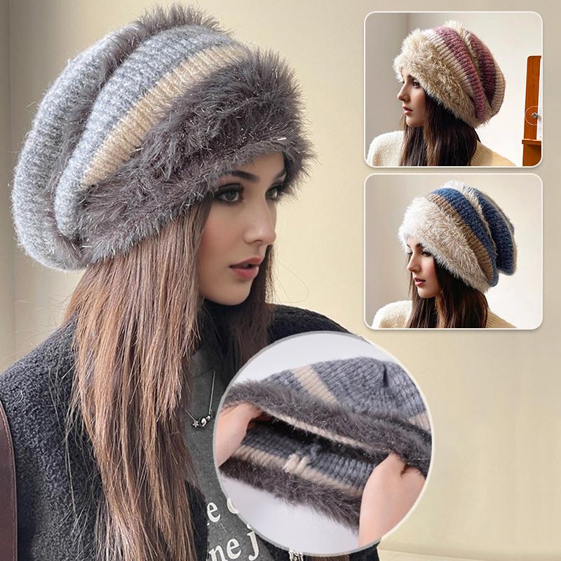 1PC Color Block Elegant Pile Hat Versatile Knitted Fashion High Stretch Warmth Brimless Lightweight Plush Slouchy Hats Multi-Color