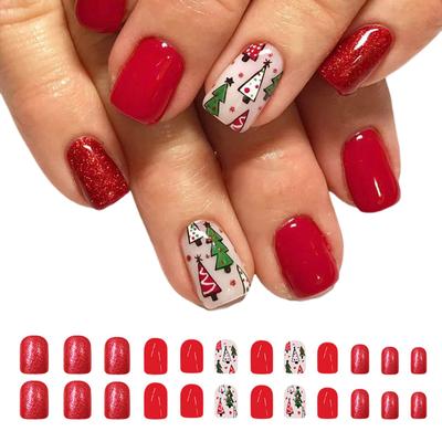 Künstliche Nägel mit Weihnachtsbaum-Motiv, glitzernd, zum Aufdrücken, kurz, quadratisch, vollständige Abdeckung, zum Aufkleben der Nägel, Maniküre-Zubehör für Damen