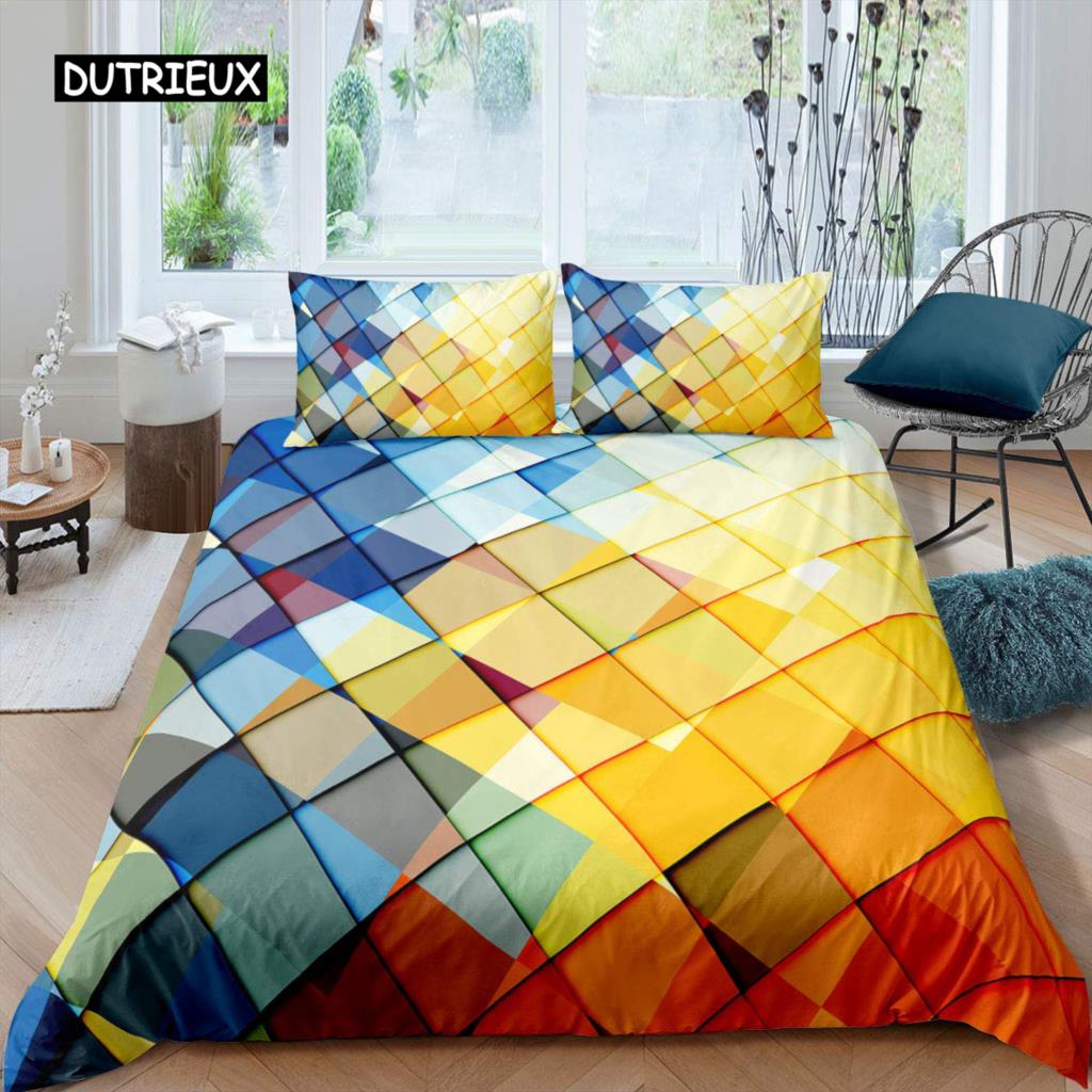 Red Glowing Polygonal Grid Pattern Bedding Set, 135×200 Duvet Cover Set With Pillowcase, 260×220 Quilt CoverBlack Blanket Cover