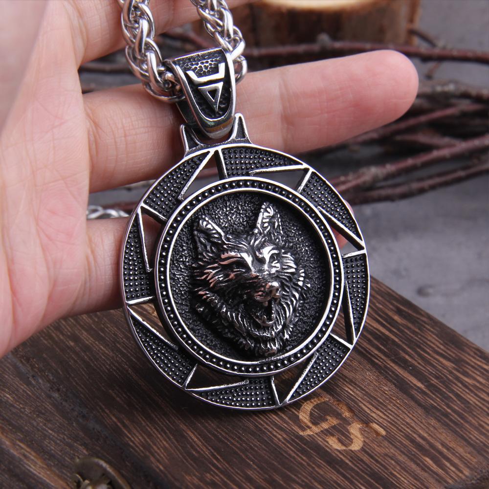 Stainless Steel Wolf Head Norse Viking Pendant Necklace for Men Never Fade with Wooden Box Christmas Gift
