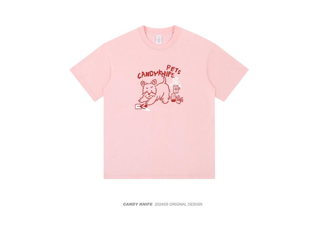 2024 Summer Women's Slimming Puppy Print Short Sleeve T-Shirt with Niche Drop Shoulder & Small Neckline Design