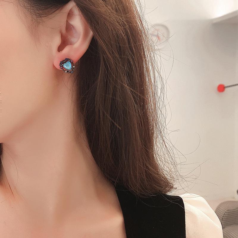 Aiguille en Argent 925 Cœur Noir & Cristal Bleu Brume Boucles d'Oreilles Coréennes Clips d'Oreilles