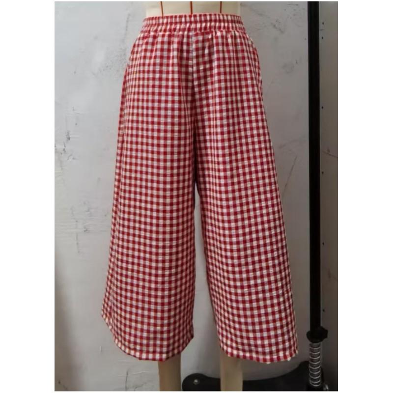 Damen Frühling Hohe Taille Lässig Weite Hose Elegant Kariert Weitbein Hose Rock