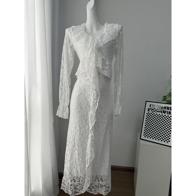 

Модный Ветер Элегантная Грациозная V-образный вырез Кружева Рюши Платье-футляр Сексуальное Кружевное платье с V-образным вырезом White L