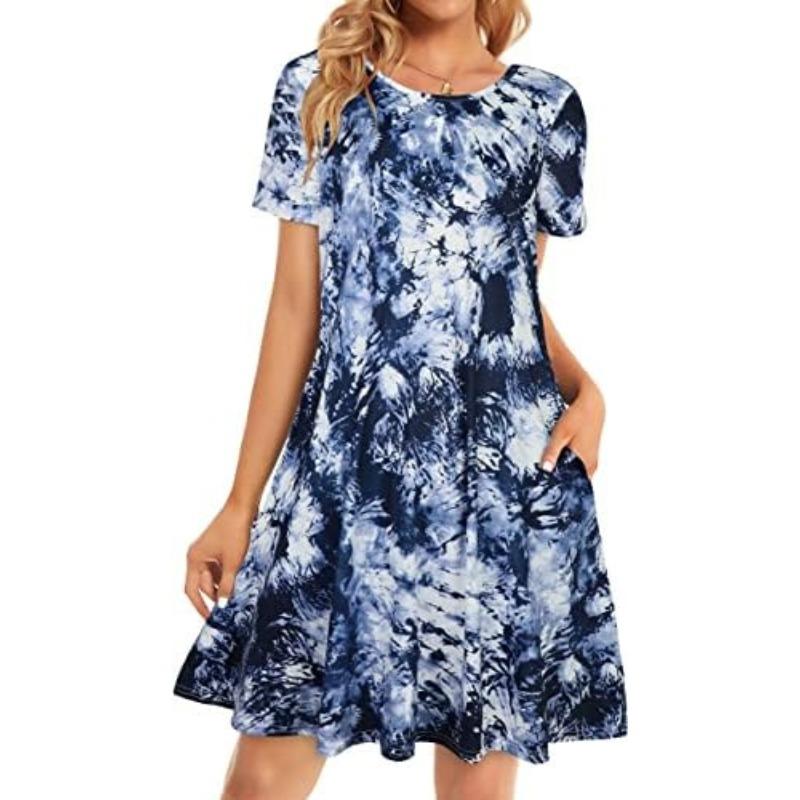 European And American New Round Neck Solid Color Casual Pocket Short Sleeve Big Pendulum Dress Women'S Clothing