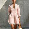 Women's Lace Trim V-Neck Cotton Linen Short Dress with Three-Quarter Sleeves Loose Fit