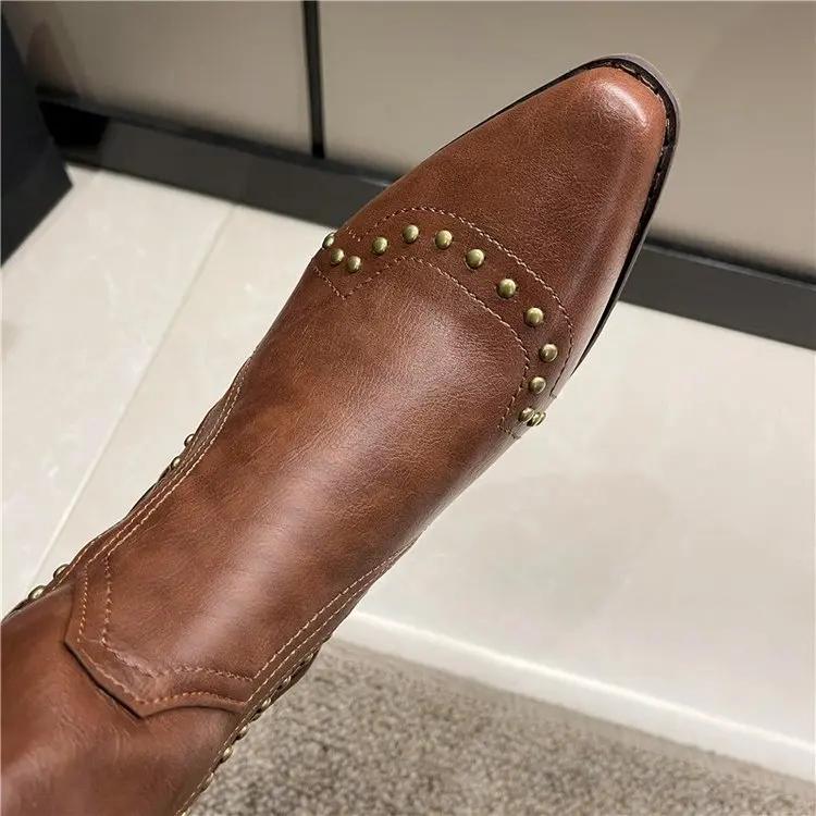 Fashion 2025 Spring New Retro Rivet Western Cowboy Boots Women's Knight Boots British Style Square Head Thick Heel High Boots
