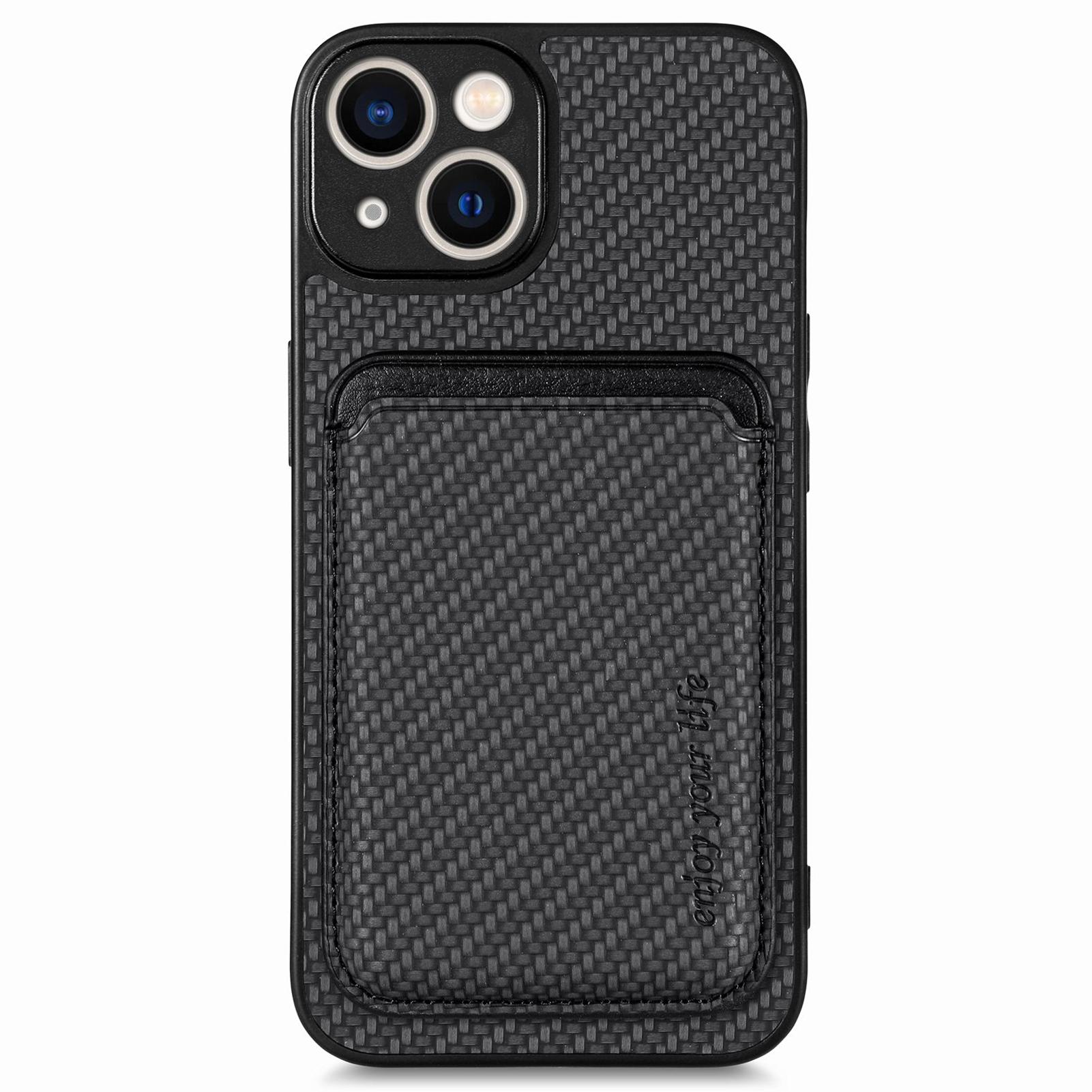 

For iPhone 14 Detachable 2-in-1 Magnetic Card Holder Phone Case Carbon Fiber Texture PU Leather+TPU+PC Anti-drop Protective Cover Black