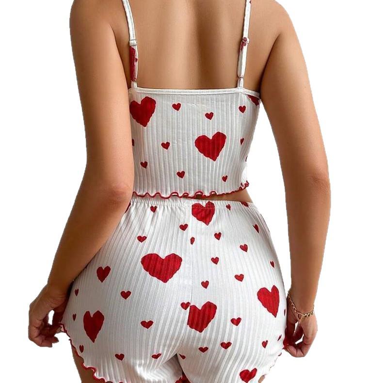 Heart Print Camisole and Shorts: Women's Autumn Ribbed Pajamas and Casual Wear