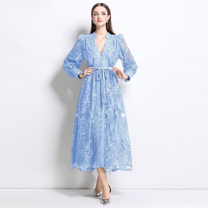 Französisches Temperament Damenkleid Frühling Taille Schwere Industrie Stickerei V-Ausschnitt Laternenärmel Einreiher Langer Rock
