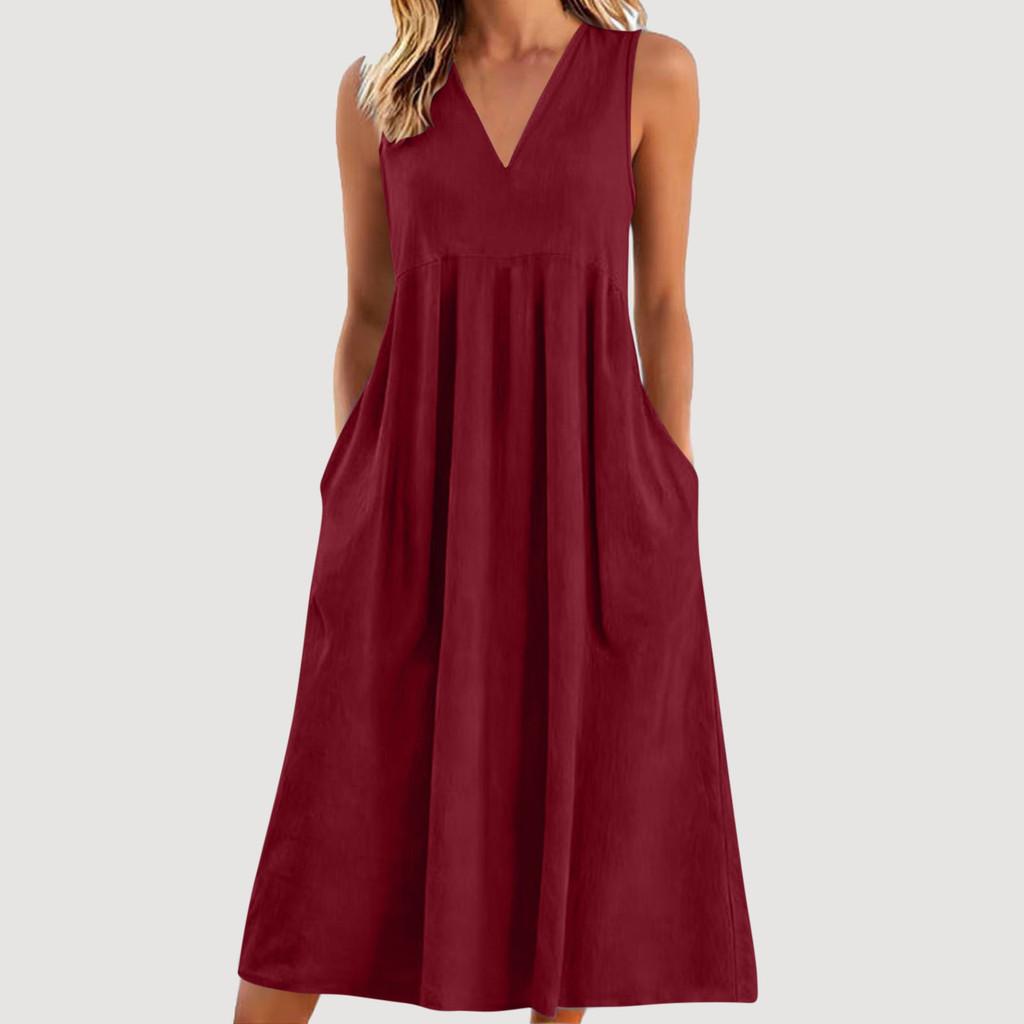 Cotton Sleeveless Vneck Dress With Color Block Pleats For Casual Wear