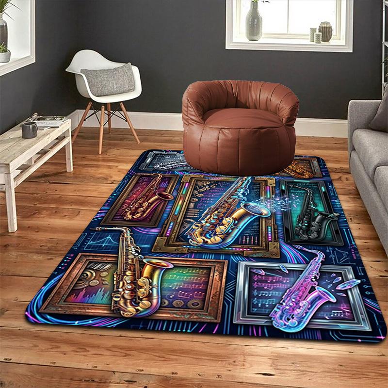 Saxophone Frames Notes Pattern Rug Floor Mat for Living Room or Bedroom Soft and Comfortable Carpet a Gift for Birthday and Holiday.