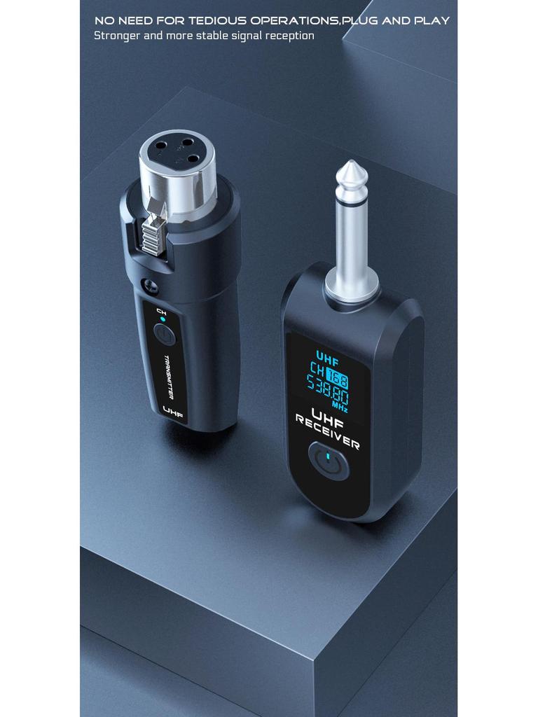Wireless System Power Amplifier with Transmitter, Receiver, Dynamic Microphone, and Condenser for Musical Instruments.