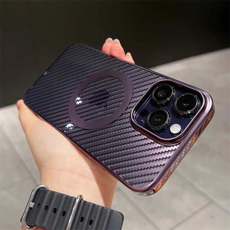 Electroplating Carbon Fiber Pattern Magnetic Suction Suitable for Apple 15 Mobile Phone Case Iphone14promax Transparent All Inclusive Protective Case