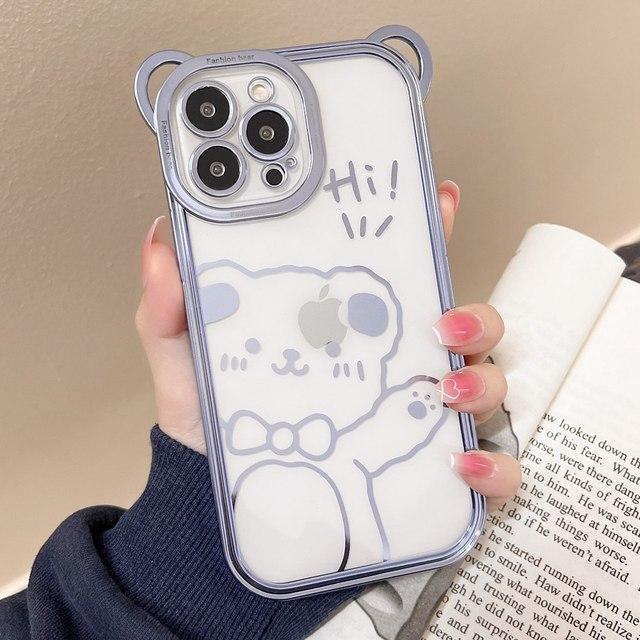 Husă de telefon drăguță cu model de urs de desene animate pentru Iphone 14 12 11 13 Pro Max Xr X Xs 7 8 Plus, acoperire transparentă din TPU moale