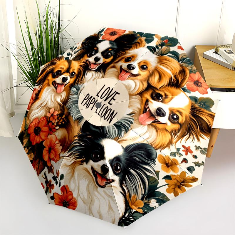 Papillon with Tongue Sticking Out  Pattern, Automatic Folding Umbrella, Portable and Foldable Design, 8 Ribs, a Christmas or Birthday Gift.